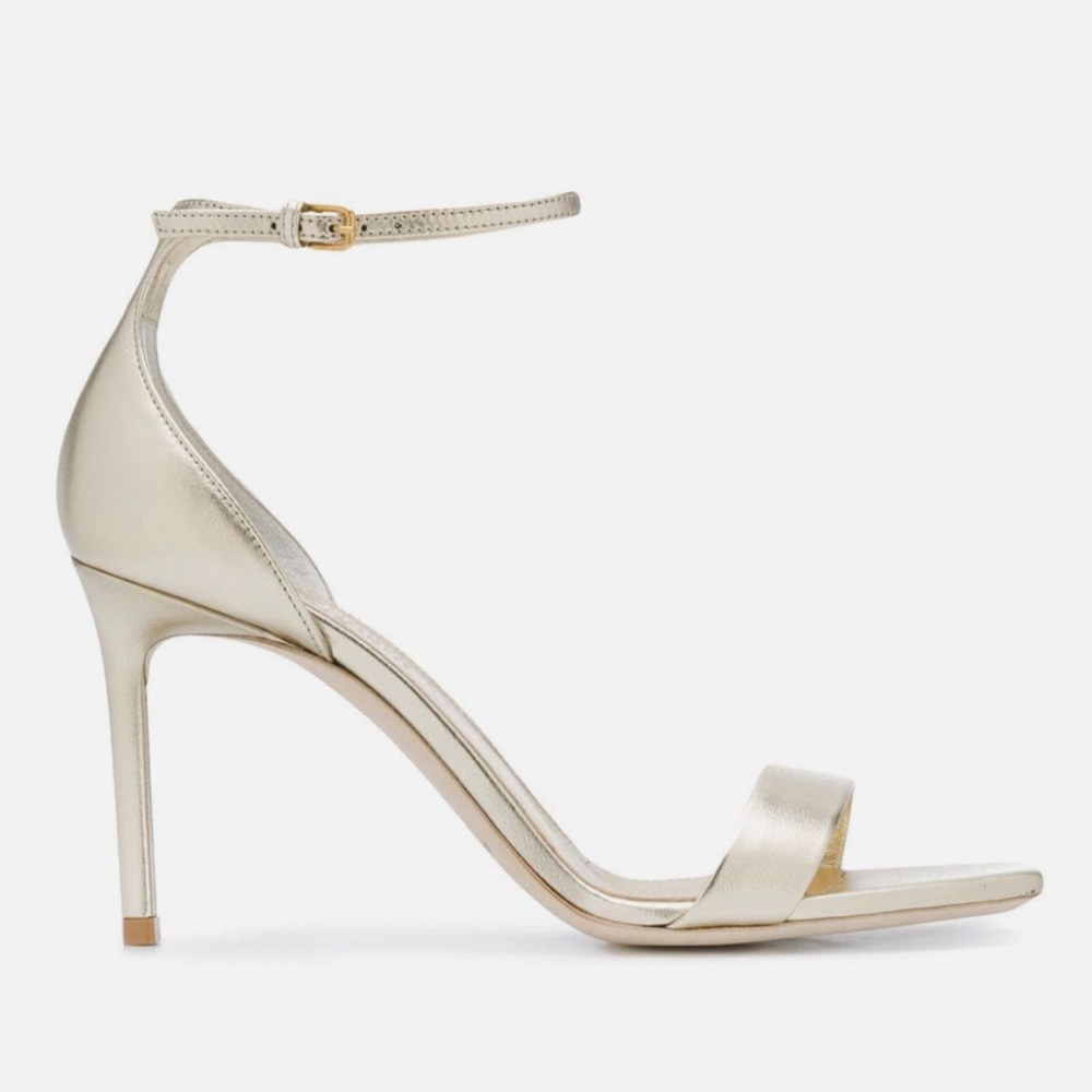 SAINT LAURENT AMBER 85 PLATINO GOLD LEATHER STRAP HEEL SANDAL PUMP 38